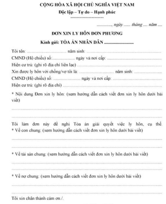 mẫu đơn xin đơn phương ly hôn