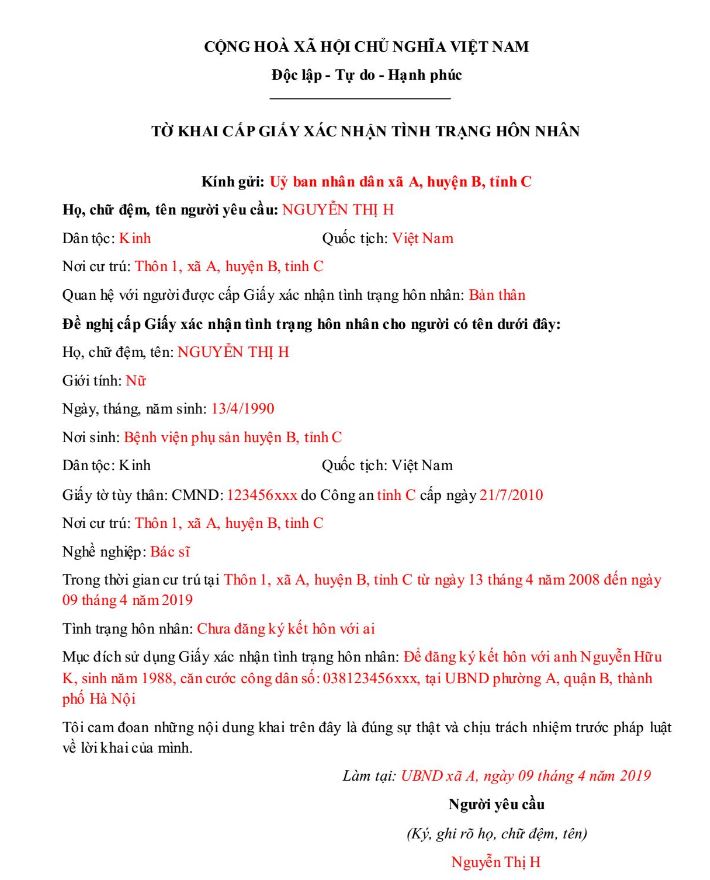 mẫu tờ khai xác nhận tình trạng hôn nhân
