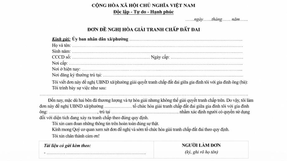 Mẫu đơn tranh chấp đất đai mới nhất